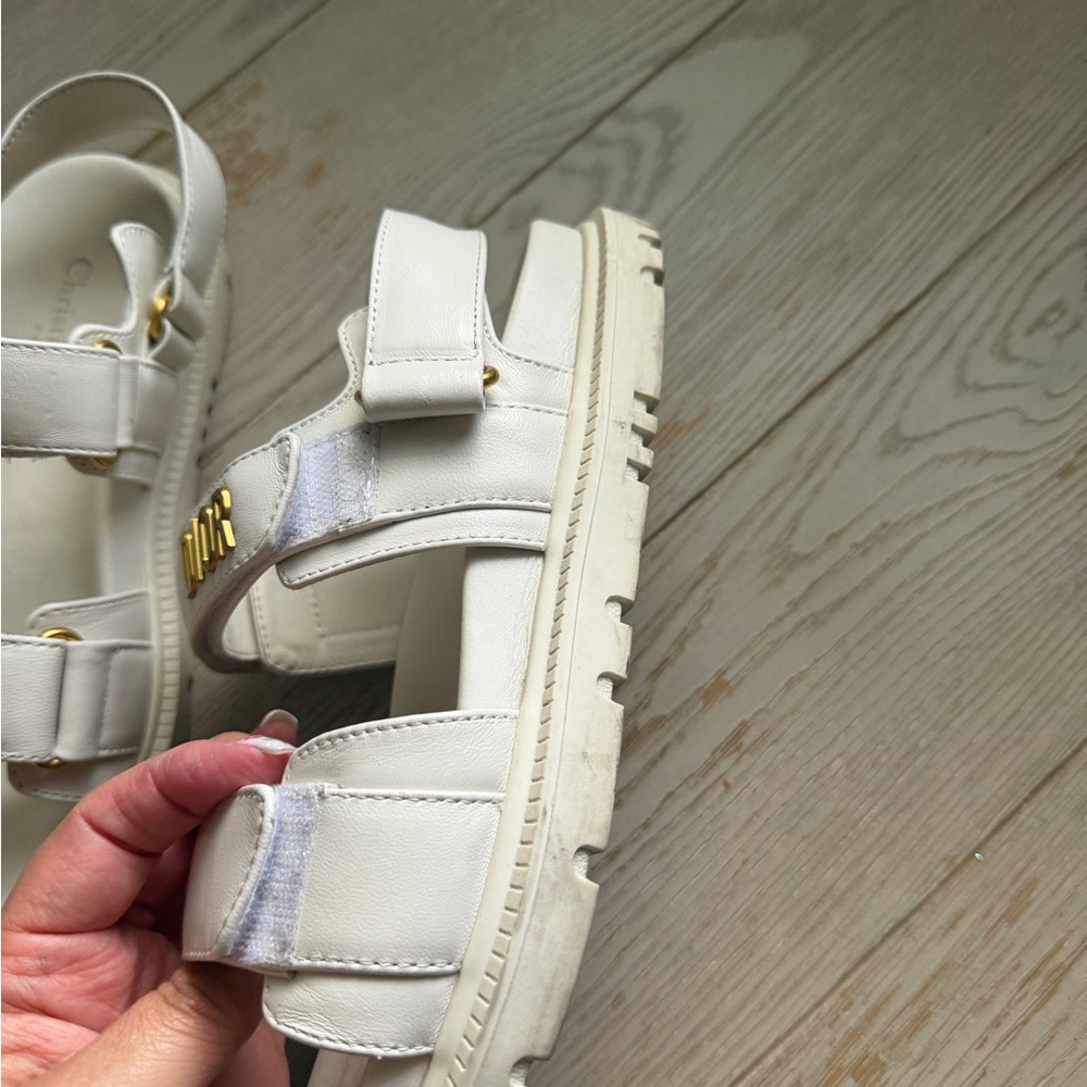 Dior White Leather Sandals with Gold Logo - Picture 8 of 10